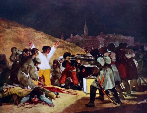 Francisco Goya, The Third of May 1808, man with arms raised in white shirt facing firing squad.